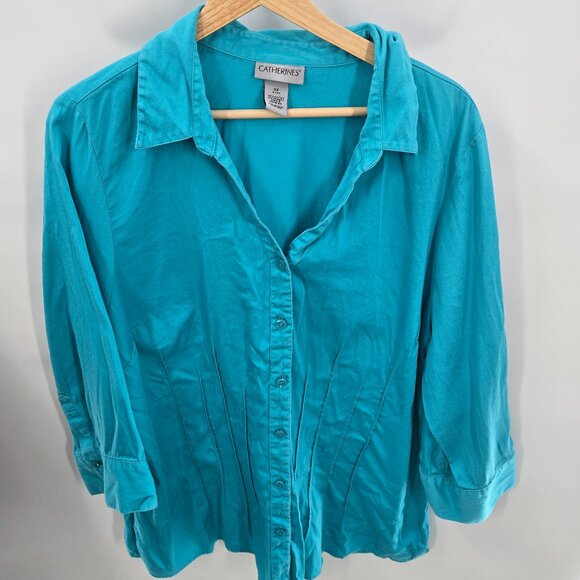 Catherine's Blue  V-Neck Shirt Long Sleeved Button Down Blouse 0x 14/16W - Picture 1 of 12